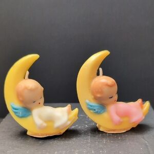 VGT 1950s Gurley Novelty Co,Set Of 2 Angel Babies Sleeping On The Moon Candles.